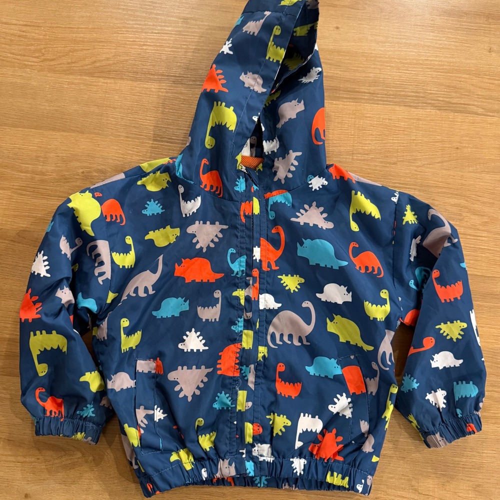 Kids Navy‎ Blue Dinosaur Print Hooded Windbreaker Jacket Mesh Lined Size 100